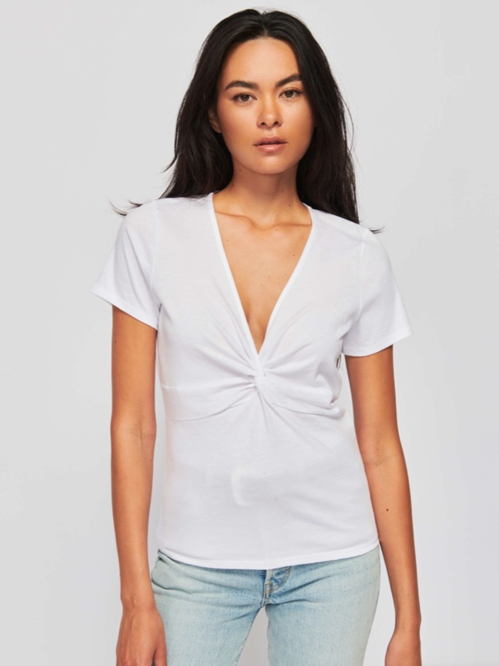 Nation Los Angeles White Twist-Front V-Neck Short Sleeve Tee Organic Cotton Sm